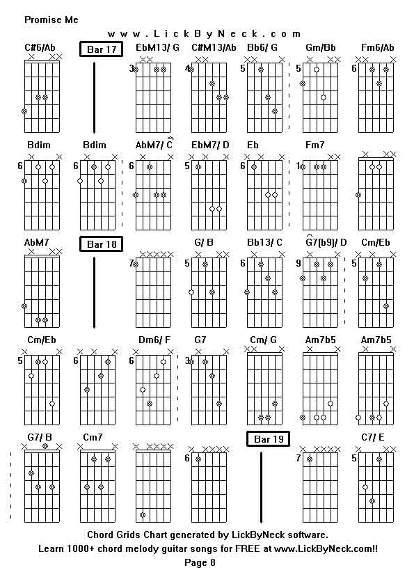 Chord Grids Chart of chord melody fingerstyle guitar song-Promise Me,generated by LickByNeck software.